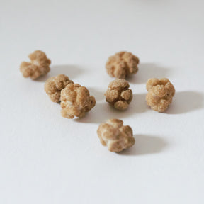 Several small, textured, tan-brown flower buds, likely cannabis or hemp seeds, scattered on a plain white surface with one bud in sharp focus in the foreground and another in soft focus in the background.