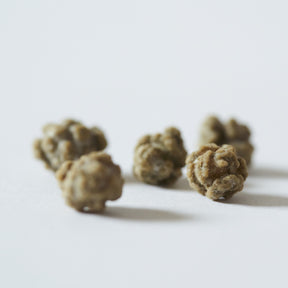 Four small, textured, knobby brownish-green botanical buds or capsules arranged on a plain white surface with soft shadows.