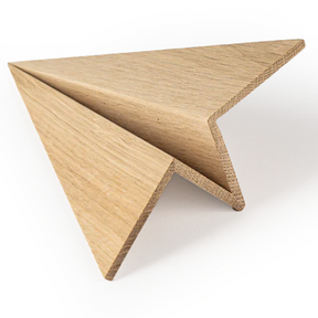 Angular wooden object crafted from light oak, featuring sharp folded planes, clean geometric lines, visible natural wood grain, and a smooth matte surface on a plain white background.