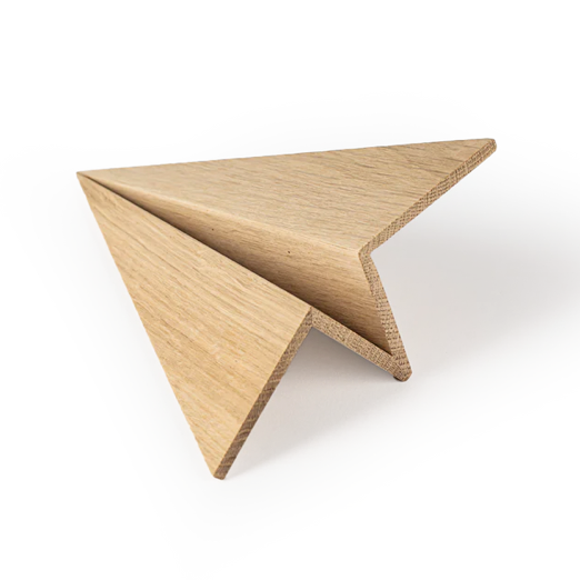 Angular wooden object crafted from light oak, featuring sharp folded planes, clean geometric lines, visible natural wood grain, and a smooth matte surface on a plain white background.