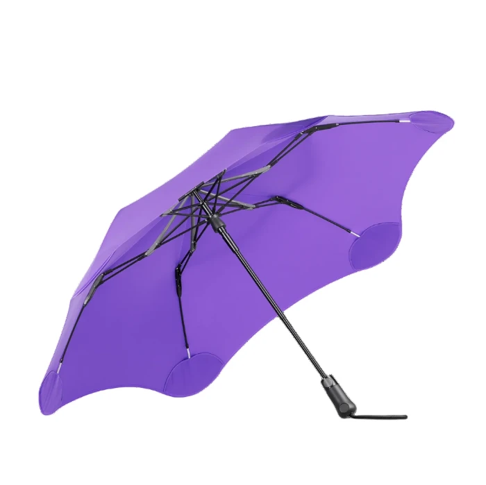 Purple umbrella with black handle and ribs on a white background