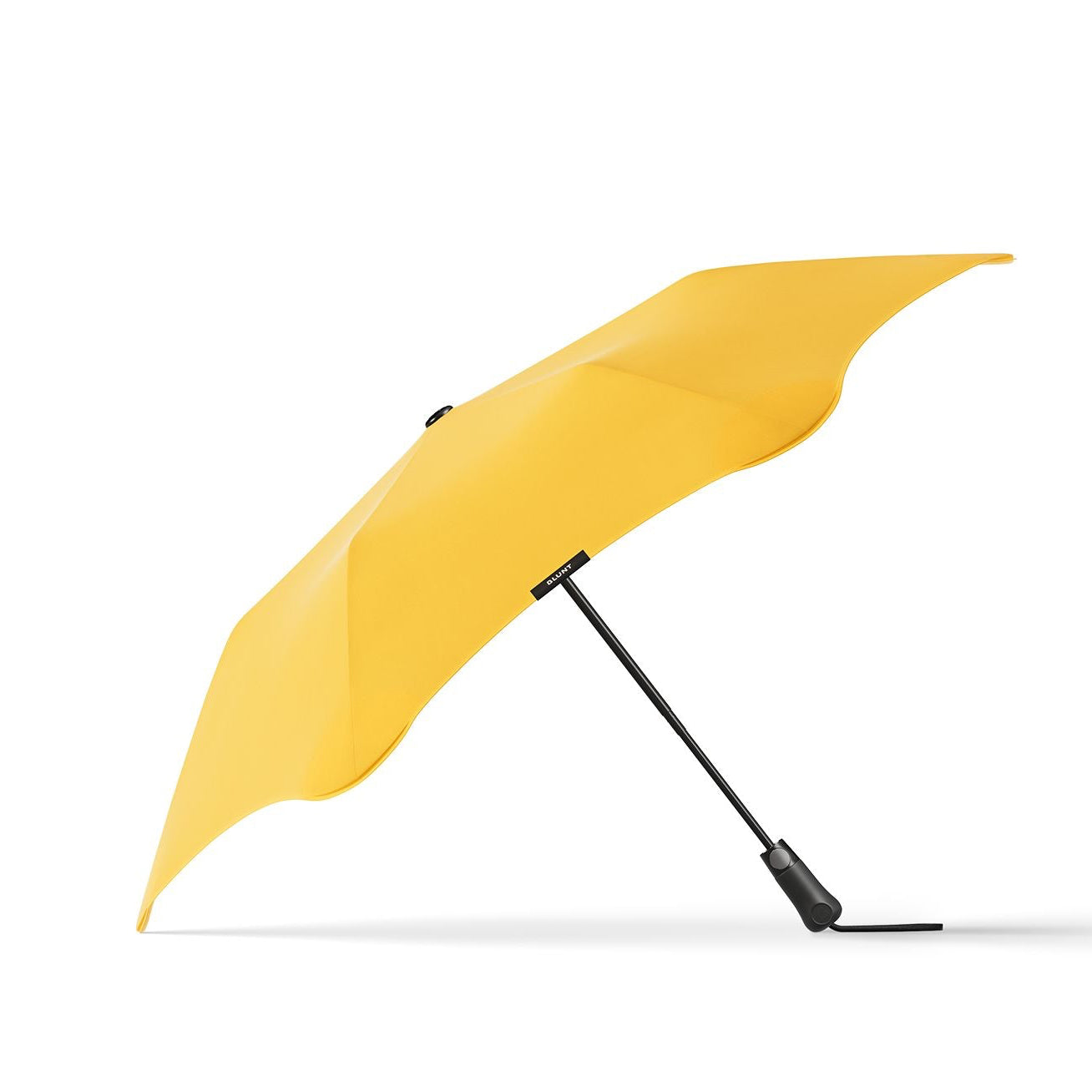Yellow umbrella with black handle on a white background
