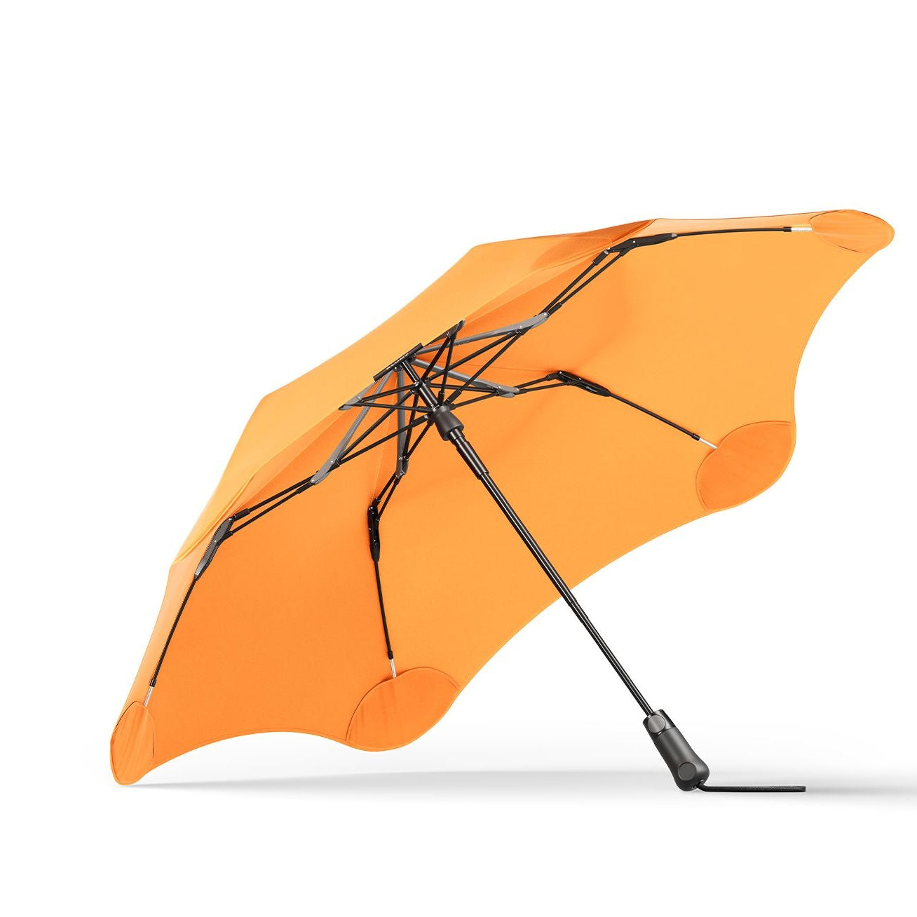 Orange umbrella with black accents on a white background