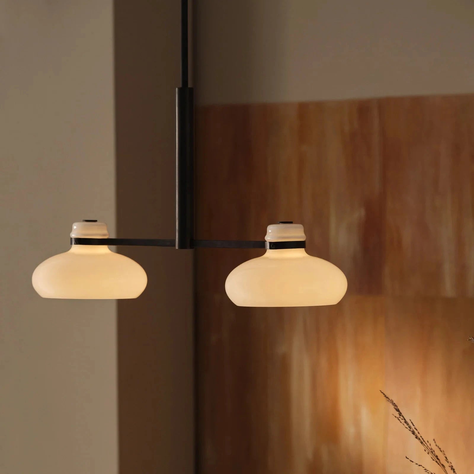 Modern pendant light fixture with two round shades in a room with wooden wall and plant.