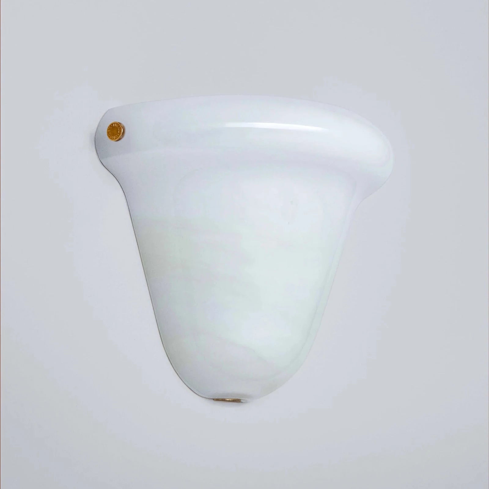 A vintage-style white glass wall sconce with a flared, bell-shaped shade and a small gold screw detail on the left side, shown against a plain light gray background.