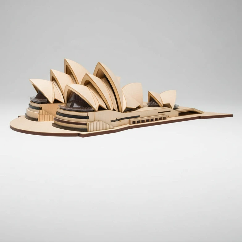 Model of the Sydney Opera House made from wooden panels on a white background