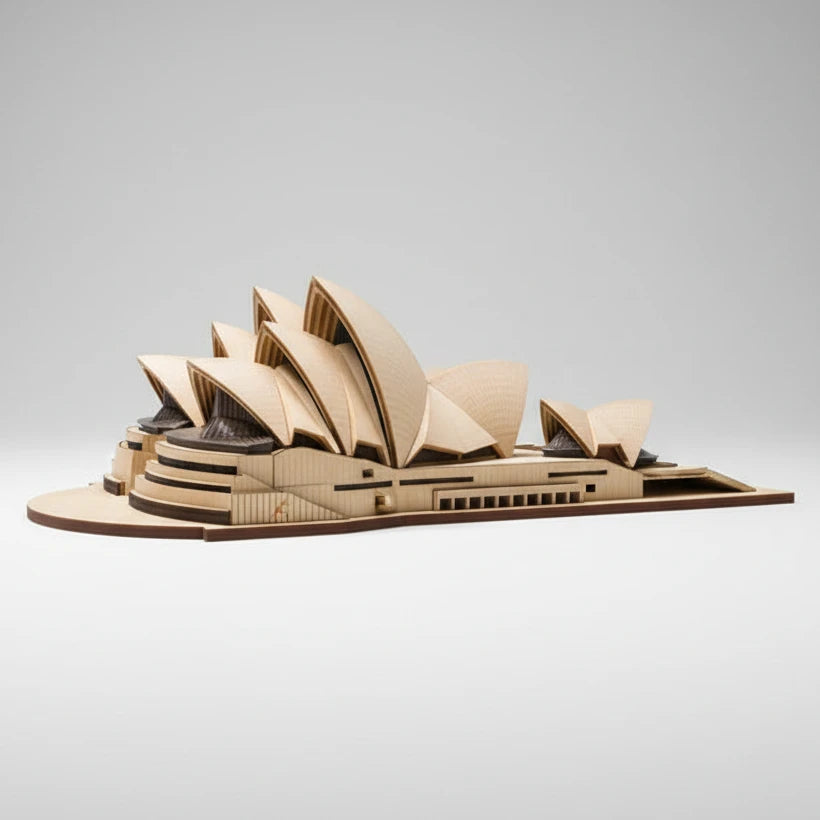 Cardboard model of the Sydney Opera House on a white background