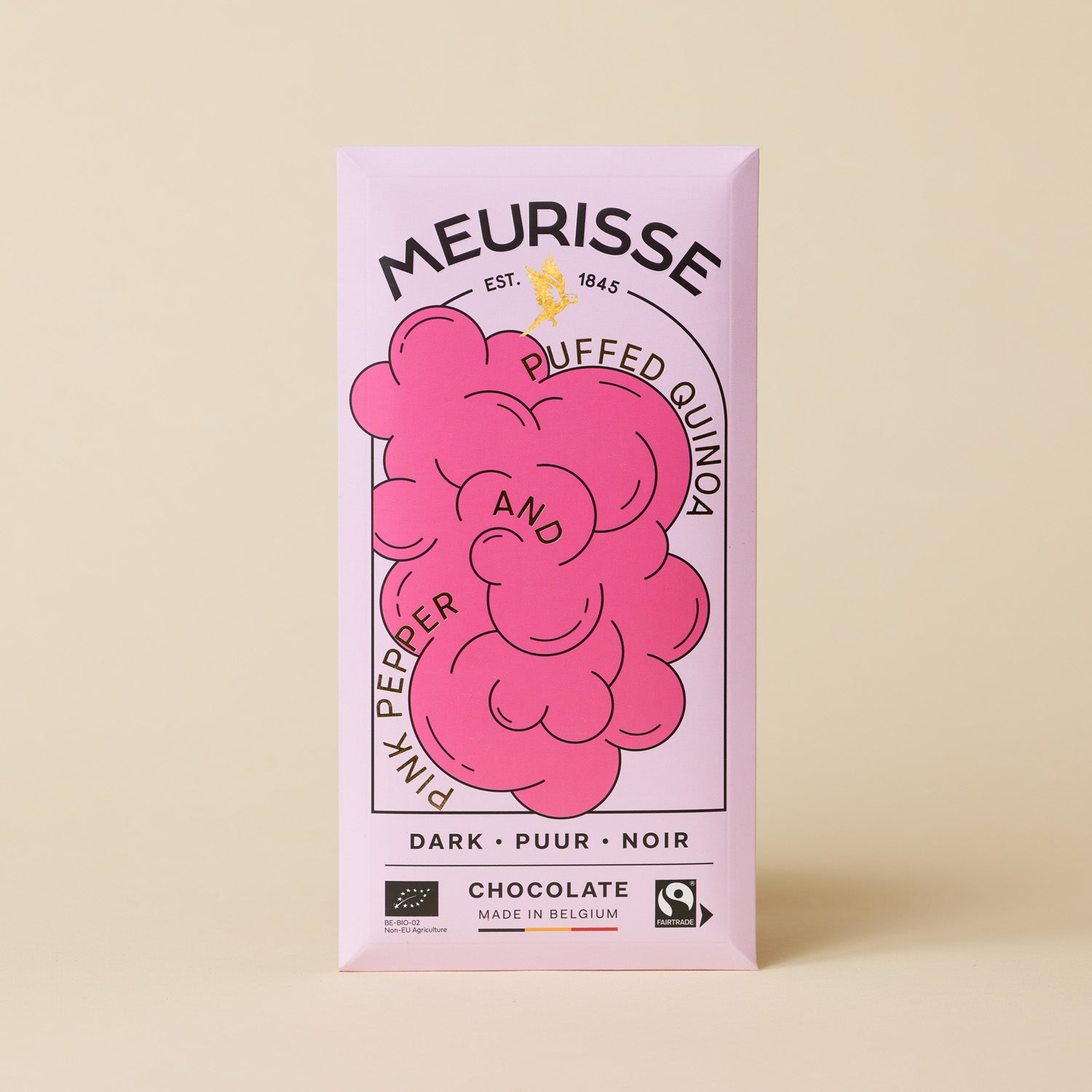 Meurisse dark chocolate bar with pink pepper and puffed quinoa, wrapped in soft pink packaging featuring bold illustrated pink clusters, standing upright against a light beige background.