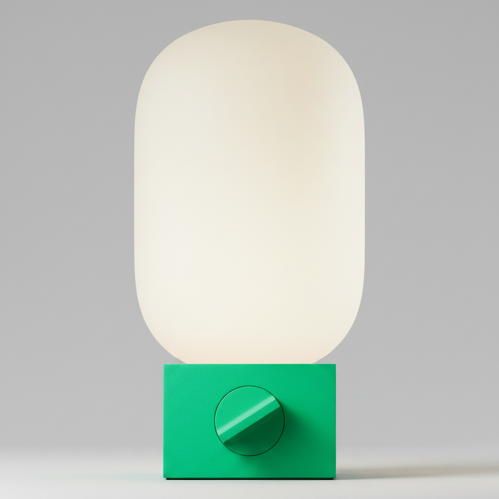 A modern wall lamp with a large, rounded, off-white translucent shade mounted on a bright green square base featuring a circular green control knob, shown against a plain white background.