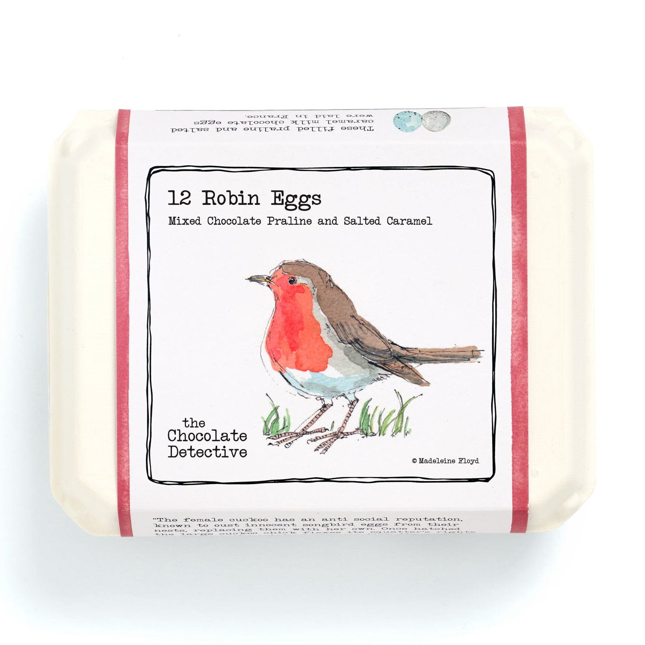 Pack of chocolate eggs with a robin illustration on a white background
