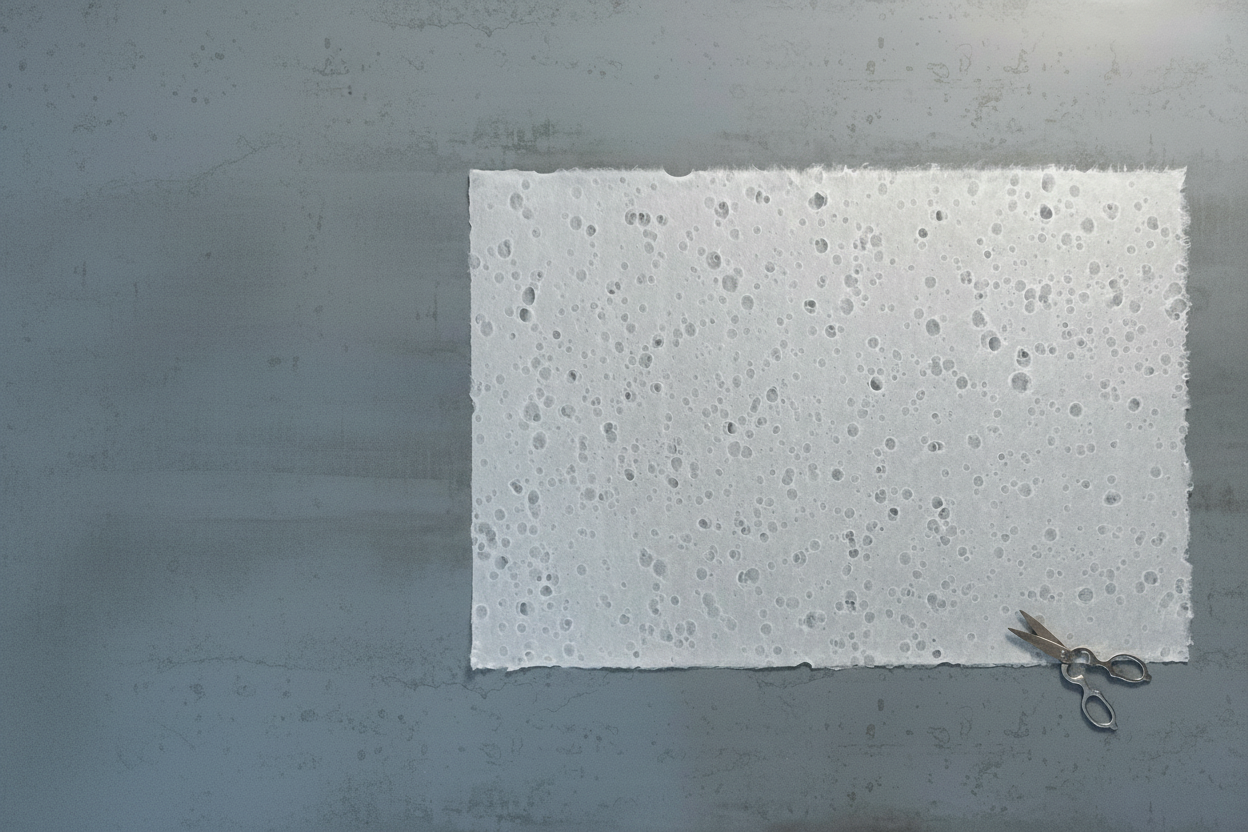 A sheet of washi paper with a textured, dotted pattern laid out flat next to a pair of scissors.