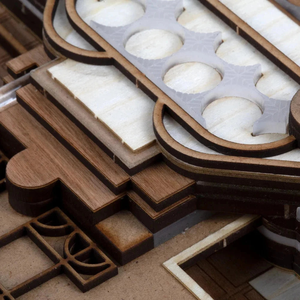 Close-up of a wooden puzzle with intricate design