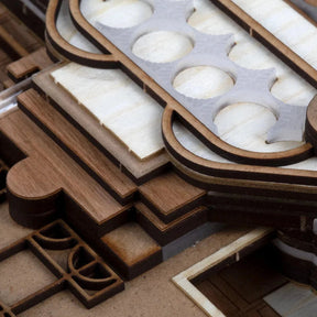 Close-up of a wooden puzzle with intricate design