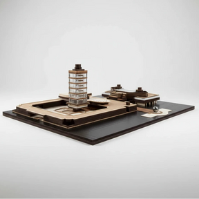 Wooden model of a pagoda on a white background