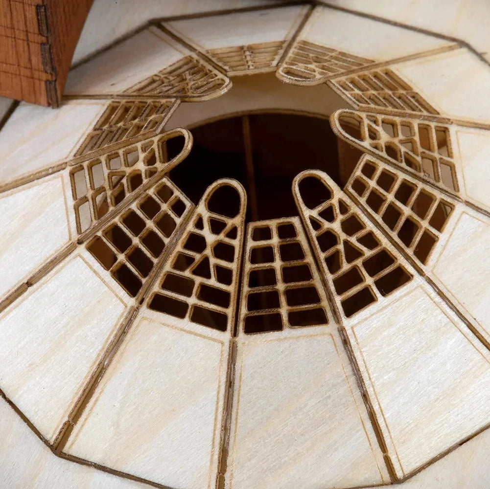 Close-up of a geometric wooden ceiling design