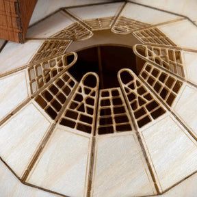 Close-up of a geometric wooden ceiling design