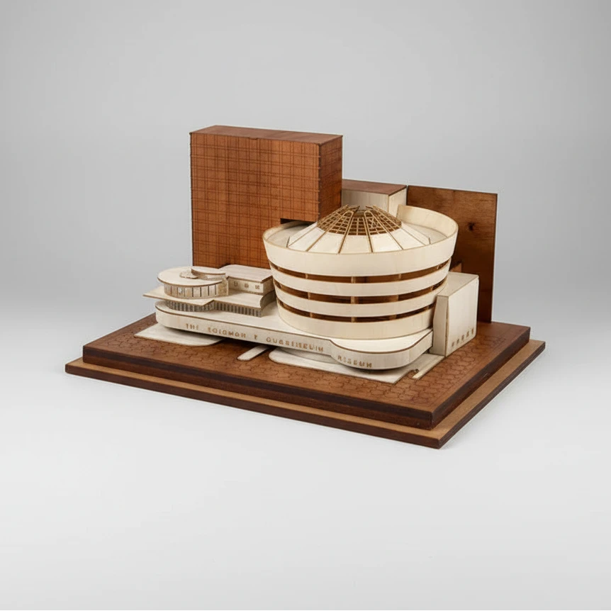 Model of a building with a dome on a wooden base