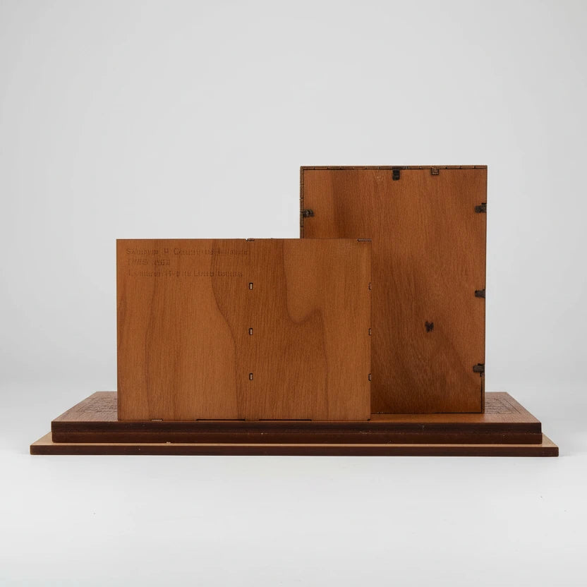 Wooden display stands on a white background