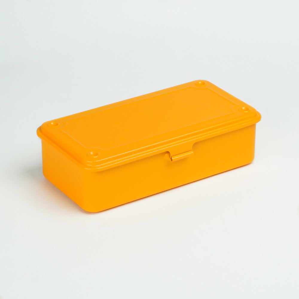 Orange Toyo Steel T-190 metal storage box with hinged lid and front latch, shown closed on a white background.