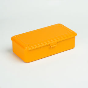 Orange Toyo Steel T-190 metal storage box with hinged lid and front latch, shown closed on a white background.