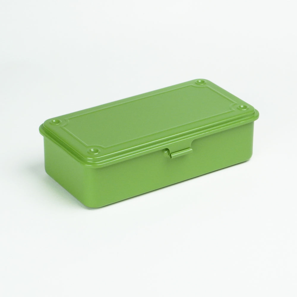 Japanese tea green Toyo Steel T-190 compact metal storage box with rounded corners and front pull tab, shown closed on a white background.
