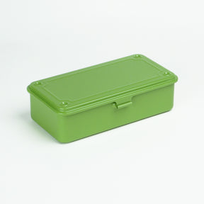 Japanese tea green Toyo Steel T-190 compact metal storage box with rounded corners and front pull tab, shown closed on a white background.