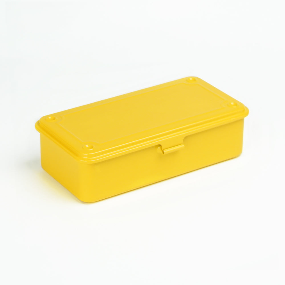 yellow Toyo Steel T-190 compact metal storage box with smooth rounded edges and a front pull tab, photographed closed on a clean white background.