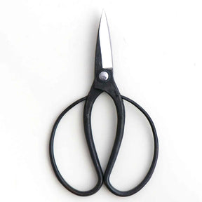 Black-handled scissors with silver metal blades, shown on a plain white background.