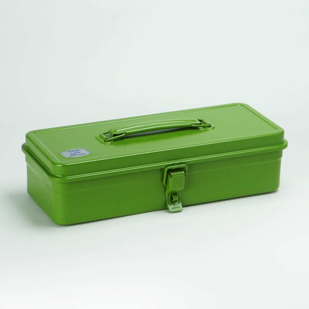 Japanese Tea Green Toyo Steel metal toolbox with a rectangular shape, smooth enamel finish, top carry handle, and single front latch, shown closed on a clean white background.