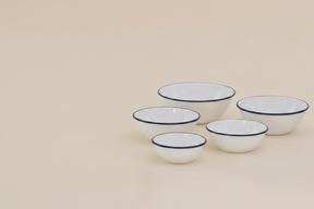 Tsukiusagi-Jirushi Set of 5 Enamel Bowls, Navy rim | AMEICO Tsukiusagi-Jirushi Set of 5 Enamel Bowls, Navy rim | AMEICO