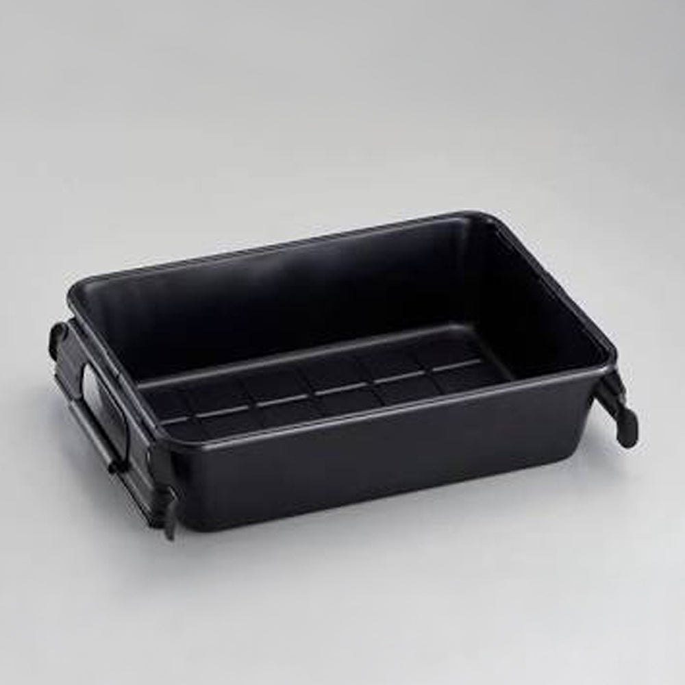 Rectangular black metal storage tray with foldable side handles on a light gray background