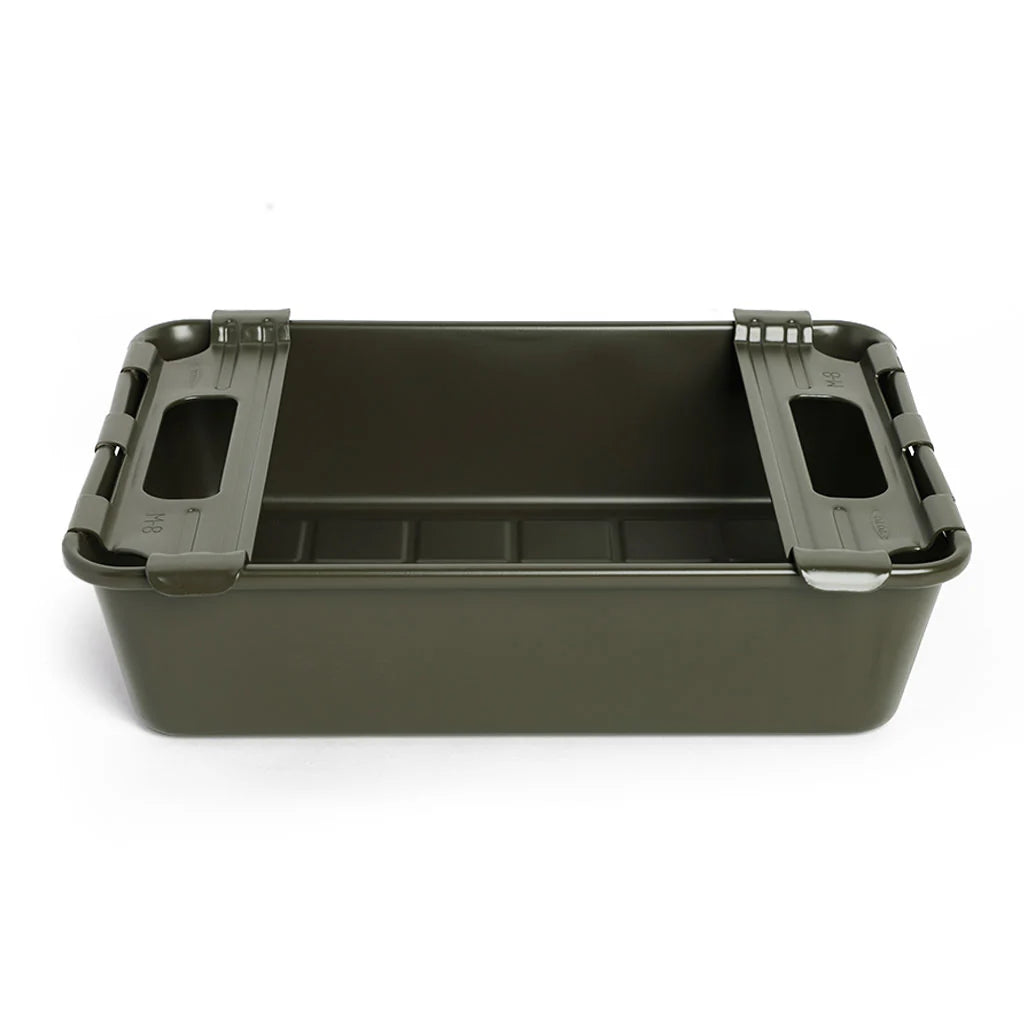 Military green rectangular plastic storage bin with integrated side handles, shown open on a white background.