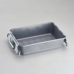 Rectangular silver metal storage tray with foldable side handles on a light gray background.