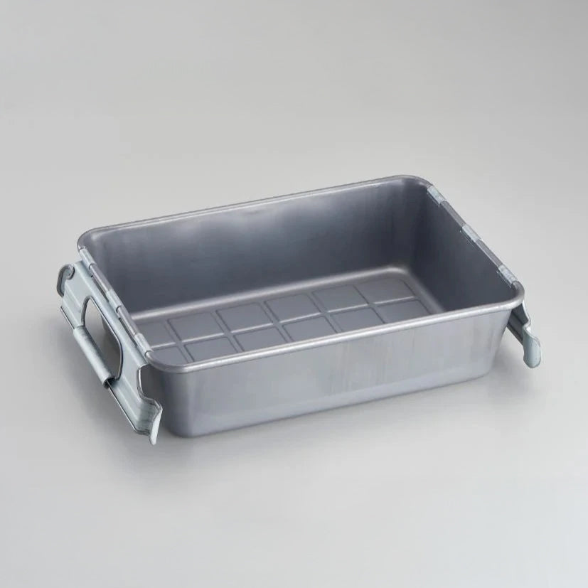 Rectangular silver metal storage tray with foldable side handles on a light gray background.