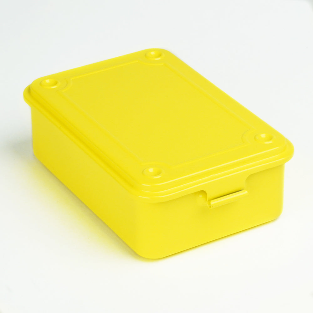 Toyo yellow steel stackable storage box with hinged lid.