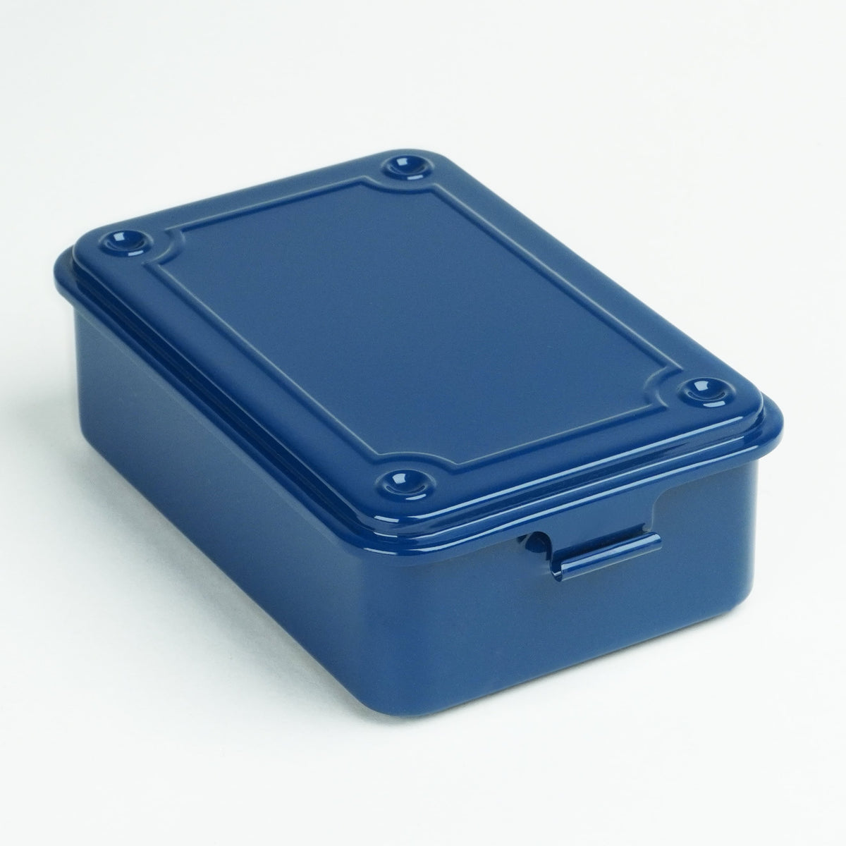 Indigo blue steel stackable storage box with hinged lid.