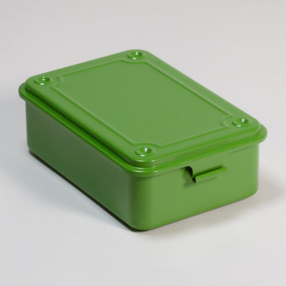 Green steel stackable storage box with hinged lid.
