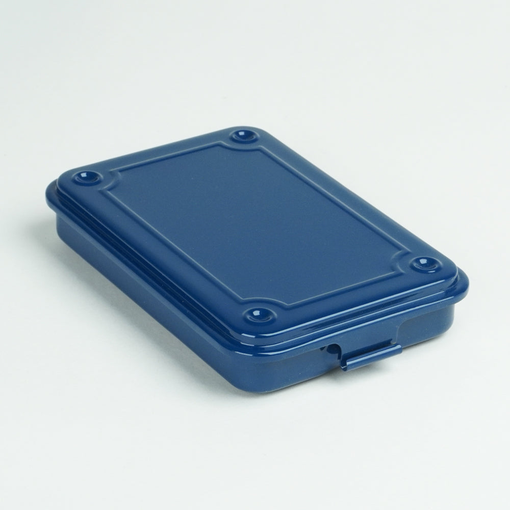 Indigo steel stackable storage box with fitted lid, shown closed.