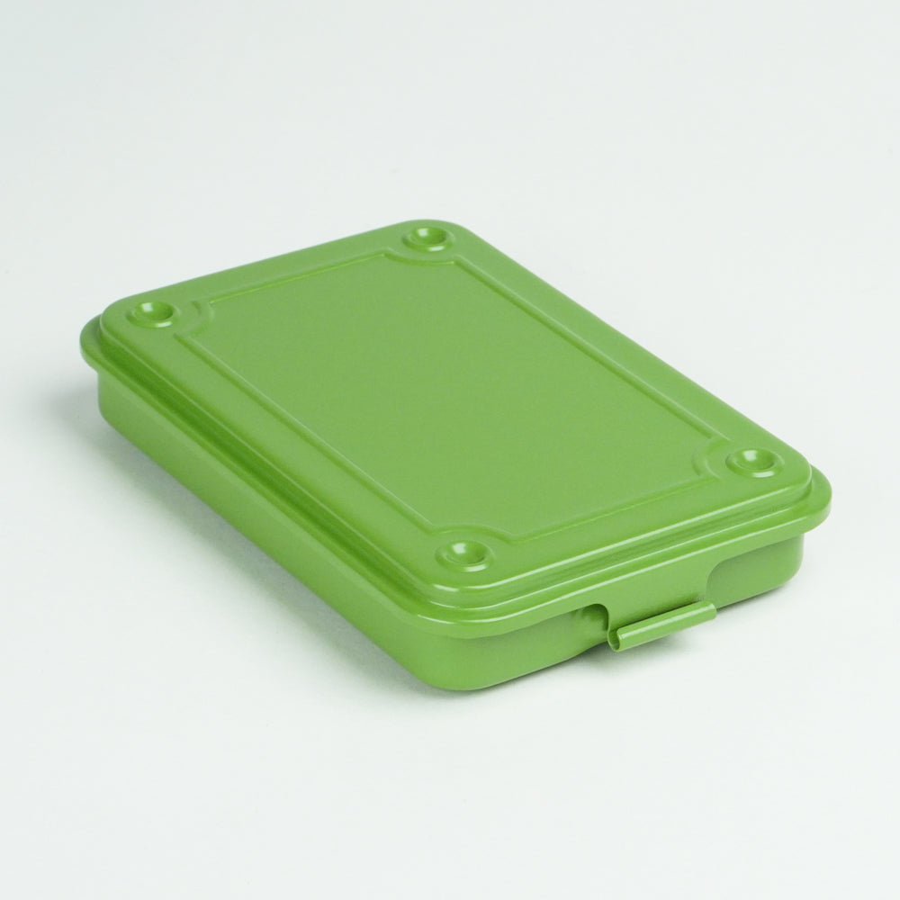 Green rectangular storage box with fitted lid, photographed on a white background.