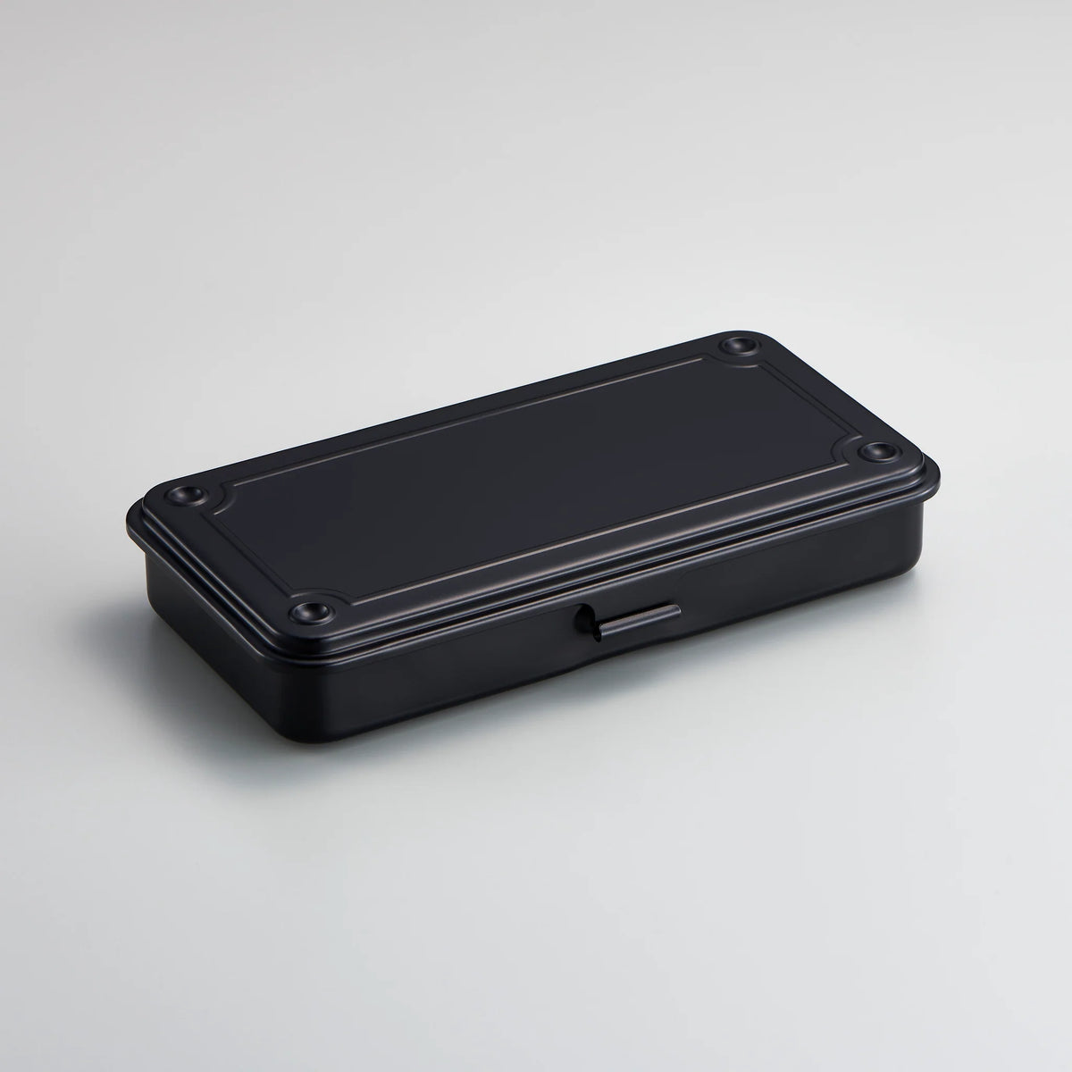 Black metal storage box with hinged lid, shown closed on a light background.
