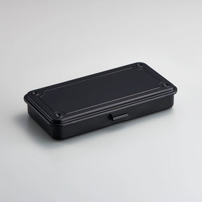 Black metal storage box with hinged lid, shown closed on a light background.