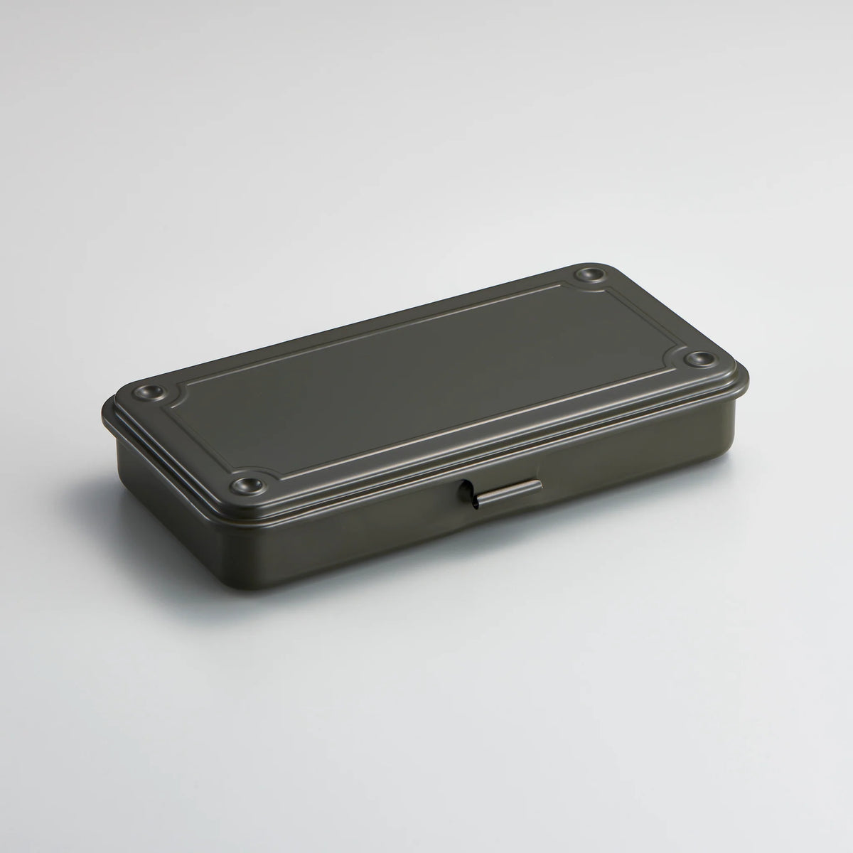 military green metal storage box with hinged lid, shown closed on a light background.