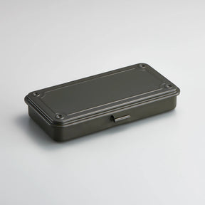 military green metal storage box with hinged lid, shown closed on a light background.