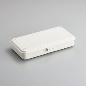White metal storage box with hinged lid, shown closed on a light background.