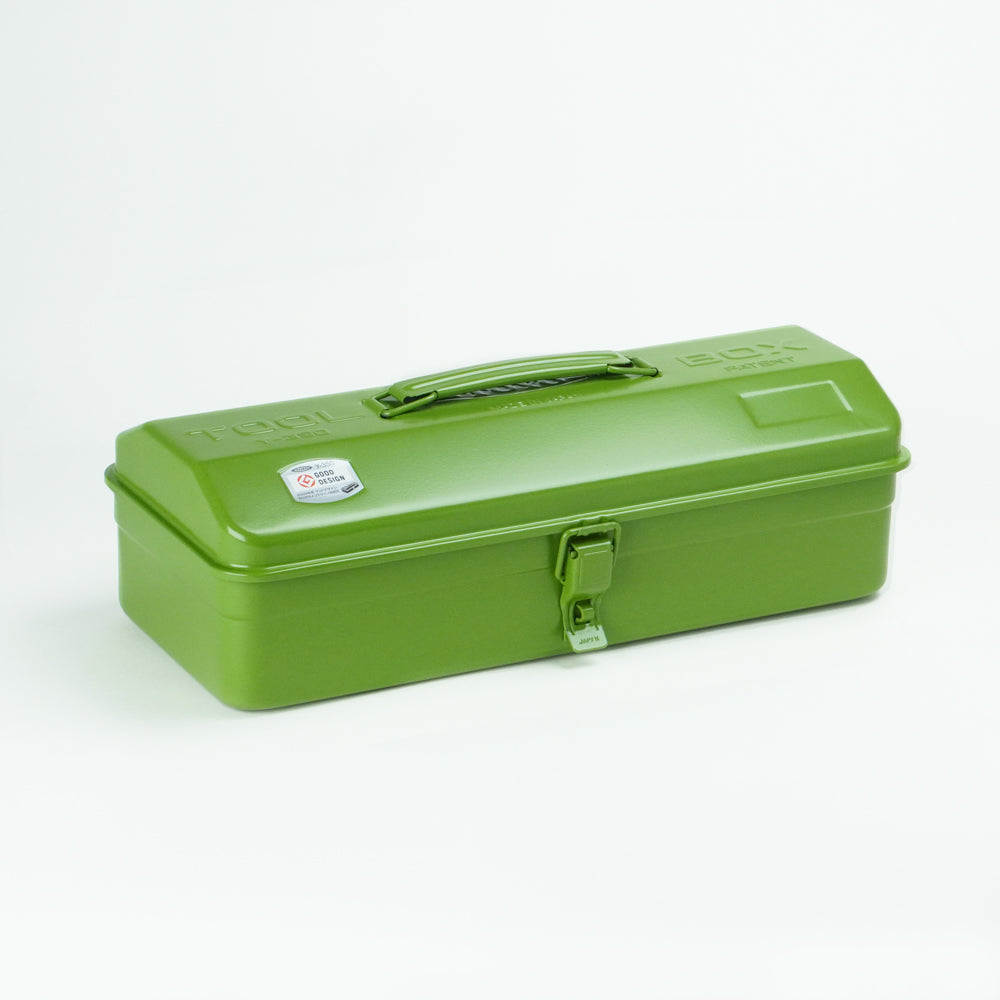 JTG Toyo Y-350 steel toolbox with a rounded lid, top carry handle, and single front latch, photographed closed on a white background.