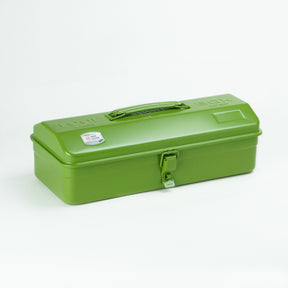 JTG Toyo Y-350 steel toolbox with a rounded lid, top carry handle, and single front latch, photographed closed on a white background.