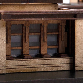 Close-up of a model building with detailed architecture