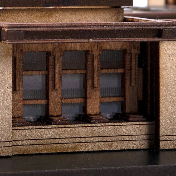 Close-up of a model building with detailed architecture