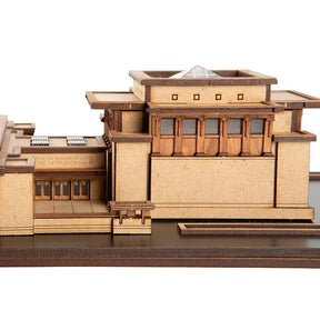 Wooden model of a architectural building on a white background