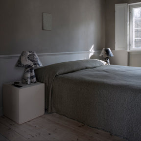 Minimalist bedroom with gray bedding and neutral decor.